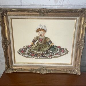 Large Handmade Crossstitch Antique Doll Green Dress Vintage Embroidery